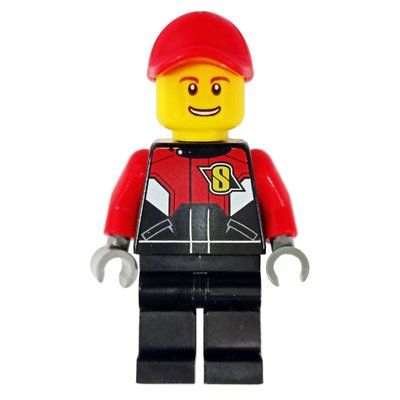 Minifigurka Racer, Black and Red Jumpsuit, Red Cap z zestawu 60084
