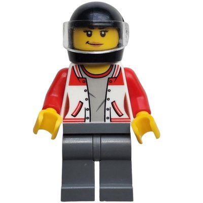 Figurine Woman, Red and White Letterman Jacket, Dark Bluish Gray Legs, Black Helmet with Visor du set 60148