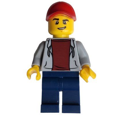 Figurine Man, Open Light Bluish Gray Hoodie over Dark Red Shirt, Dark Blue Legs, Red Cap du set 60148