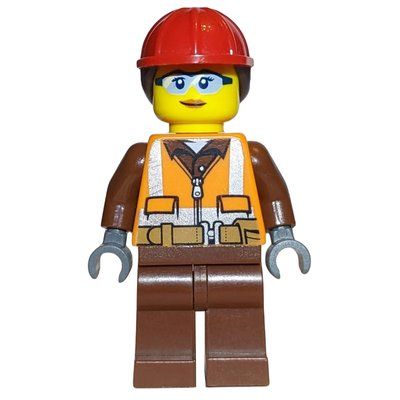 Figurine Construction Worker, Woman, Orange Safety Vest with Zipper over Reddish Brown Shirt, Reddish Brown Legs, Red Hard Hat with Hair, Safety Glasses du set 60200