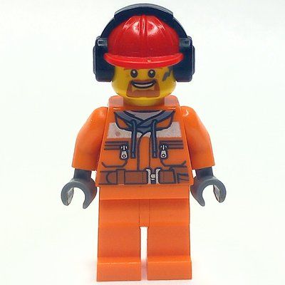 Figurine Construction Worker, Safety Jacket over Hoodie with Belt, Orange Legs, Red Hard Hat with Ear Defenders, Goatee Beard du set 60200