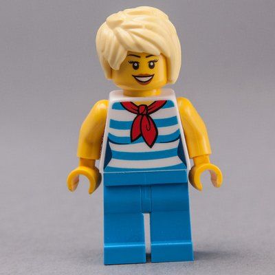 Figurine Woman, White and Dark Azure Striped Tank Top with Red Neckerchief, Dark Azure Legs, Bright Light Yellow Hair du set 60200