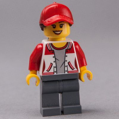 Figurine Woman, Red and White Letterman Jacket, Dark Bluish Gray Legs, Red Cap with Hair du set 60200