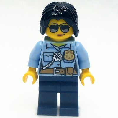 Figurine Policewoman, Bright Light Blue Shirt with Radio and Badge, Dark Blue Legs, Black Hair, Sunglasses du set 60200