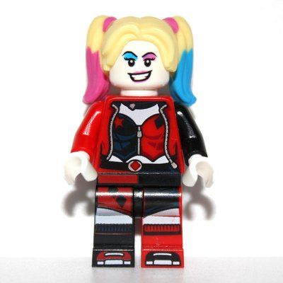 Minifigure Harley Quinn in Black and Red Jester Outfit, Bright Light Yellow Hair with Magenta and Azure Highlights from set 76159