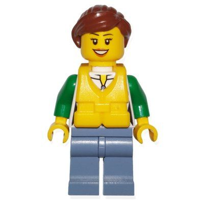 Minifigura Woman, Green and White Jacket with Zipper, Sand Blue Legs, Reddish Brown Hair, Yellow Life Vest del set 60147