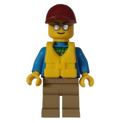 Minifigura Man, Open Dark Azure Hoodie over Lime Shirt, Dark Tan Legs, Dark Red Cap, Yellow Life Vest, Silver Sunglasses del set 60147