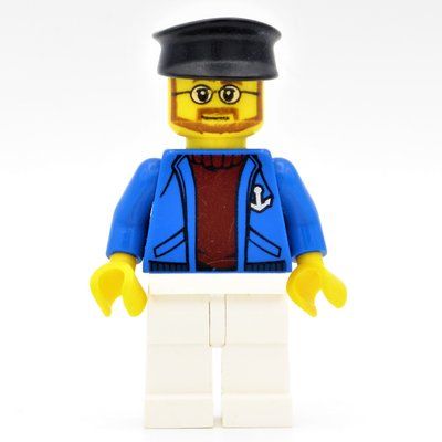 Figurine Sailor, Open Blue Jacket with Anchor over Dark Red Sweater, White Legs, Black Hat, Beard and Glasses du set 60119