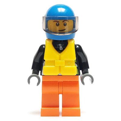 Figurine Racer, Black Jacket with Extreme Team Logo, Orange Legs, Blue Helmet with Visor, Yellow Life Vest du set 60085