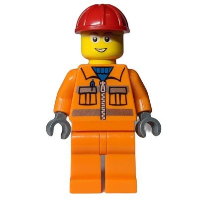 Figurine Construction Worker, Orange Jacket with Zipper and Reflective Stripes, Red Hard Hat, Glasses du set 4645