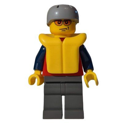Figurine Man, Red Top with Dark Blue Arms, Dark Bluish Gray Legs, Light Bluish Gray Helmet, Yellow Life Vest, Orange Sunglasses du set 2230