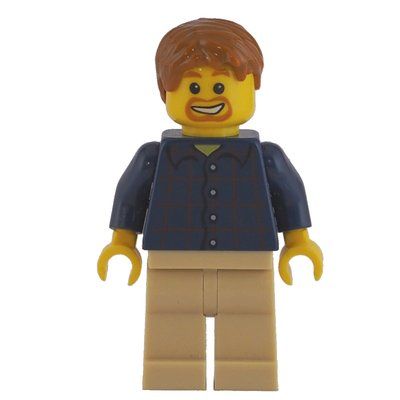 Minifigur Man, Dark Blue Plaid Shirt, Tan Legs, Dark Orange Hair, Goatee Beard aus Set 7635