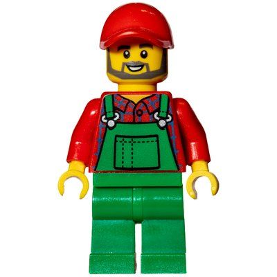Minifiguur Man, Green Overalls over Red Shirt, Red Cap, Beard uit set 60223