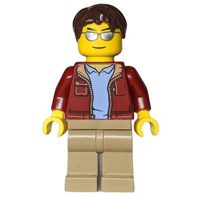 Minifiguur Man, Open Dark Red Jacket, Dark Tan Legs, Dark Brown Hair, Silver Sunglasses uit set 60223