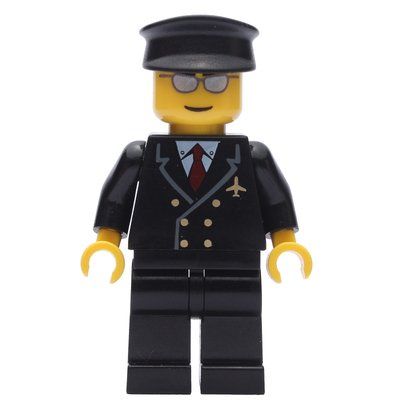 Minifigura Pilot, Black Suit with Tie and Airplane Badge, Black Hat, Silver Sunglasses del set 2928
