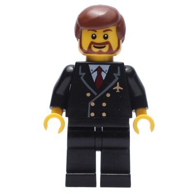 Figurine Pilot, Black Suit with Tie and Airplane Badge, Reddish Brown Hair, Beard du set 7696