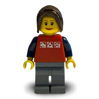 Minifigura Woman, Red Top with Dark Blue Arms, Sand Blue Legs, Dark Brown Hair del set 7643