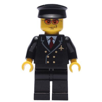 Minifigura Pilot, Black Suit with Tie and Airplane Badge, Black Hat, Orange Sunglasses del set 3222