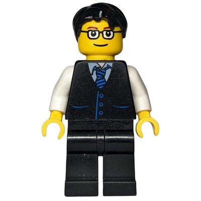 Minifigura Man, Black Vest and Tie, Black Legs, Black Hair, Glasses del set 3222