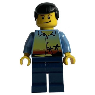 Figurine Man, Medium Blue Shirt with Palm Trees and Sunset, Dark Blue Legs, Black Hair du set 3182