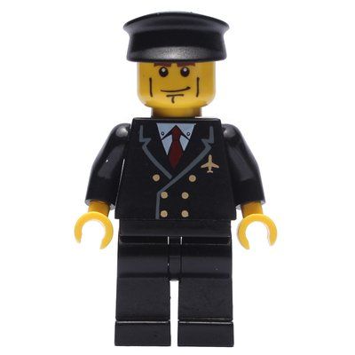 Figurine Pilot, Black Suit with Tie and Airplane Badge, Black Hat, Cheek Lines du set 3181