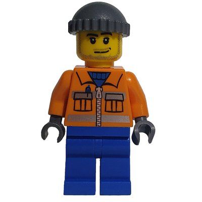 Figurine Ground Crew, Orange Jacket with Zipper and Reflective Stripes, Blue Legs, Dark Bluish Gray Hat, Stubble du set 3181