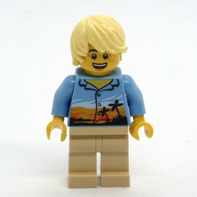 Figurine Man, Medium Blue Shirt with Palm Trees and Sunset, Tan Legs, Bright Light Yellow Hair du set 60262
