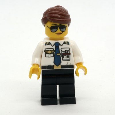 Figurine Pilot, Woman, White Shirt with Tie and Wings Badge, Black Legs, Reddish Brown Hair, Sunglasses du set 60262