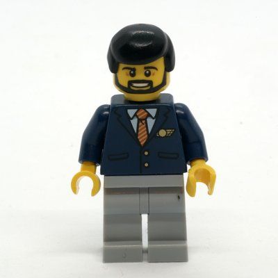 Figurine Pilot, Dark BLue JAcket with Tie and Wings Badge, Light Bluish Gray Legs, Black Hair, Beard du set 60262