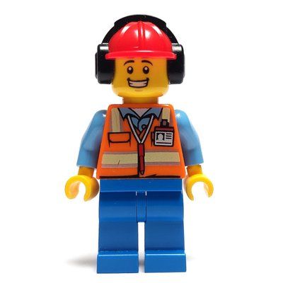 Figurine Ground Crew, Orange Safety Vest, Blue Legs, Red Hard Hat with Ear Defenders du set 60261
