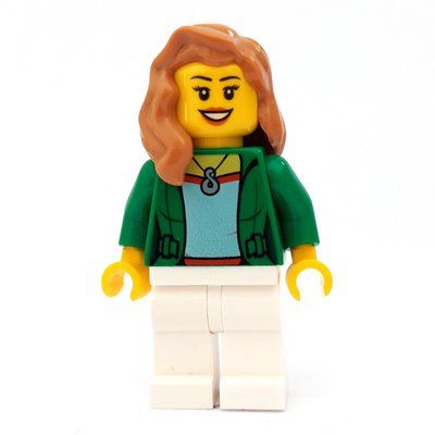 Minifigur Woman, Open Green Jacket with Necklace, Medium Nougat Hair aus Set 60104