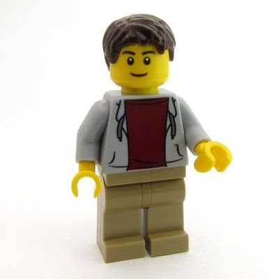Minifigur Man, Open Light Bluish Gray Hoodie over Dark Red Shirt, Dark Tan Legs, Dark Brown Hair aus Set 60104