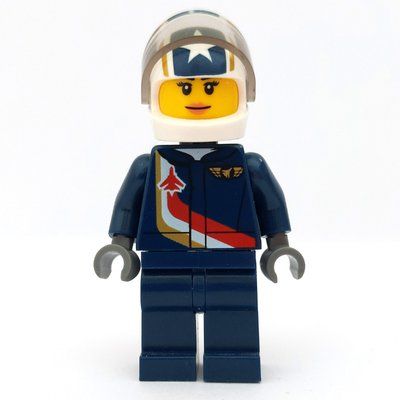 Minifigur Pilot, Woman, Dark Blue Jumpsuit with Plane and Wings Badge, White Helmet with Stars and Visor aus Set 60103