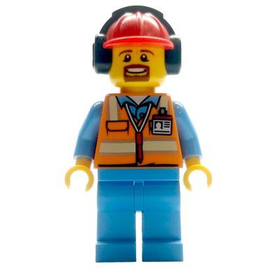 Minifigur Ground Crew, Orange Safety Vest, Medium Blue Legs, Red Hard Hat with Ear Defenders, Goatee Beard aus Set 60103