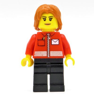 Figurine Postal Worker, Woman, Red Jacket with Zipper and Letter Logo, Black Legs, Dark Orange Hair du set 60100