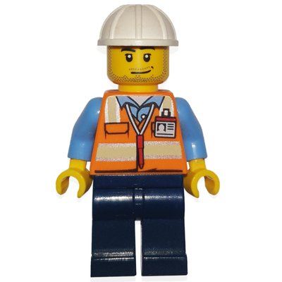 Minifiguur Ground Crew, Orange Safety Vest, Dark Blue Legs, White Hard Hat, Stubble uit set 60080