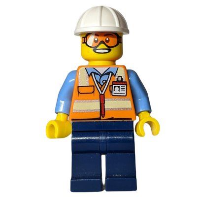 Minifiguur Ground Crew, Orange Safety Vest, Dark Blue Legs, White Hard Hat, Orange Safety Goggles uit set 60080