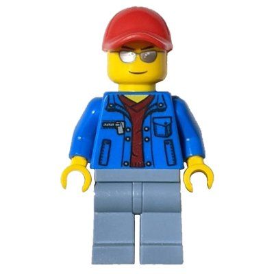 Figurine Man, Open Blue Jacket over Dark Red Shirt, Sand Blue Legs, Red Cap, Silver Sunglasses du set 60060