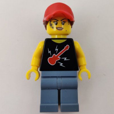 Figurine Woman, Black Top with Guitar, Sand Blue Legs, Red Cap with Hair du set 60258