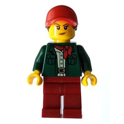 Minifigura Woman, Open Dark Green Jacket with Red Neckerchief, Dark Red Legs, Red Cap with Hair del set 60267