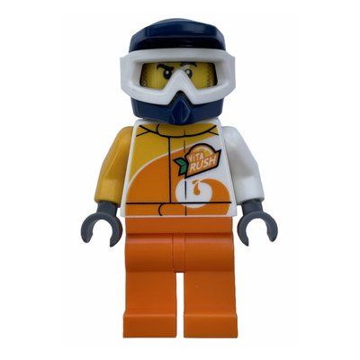 Figurine Racer, White and Orange Jumpsuit with 'VITA RUSH', Blue Helmet with Goggles, Stubble du set 60255