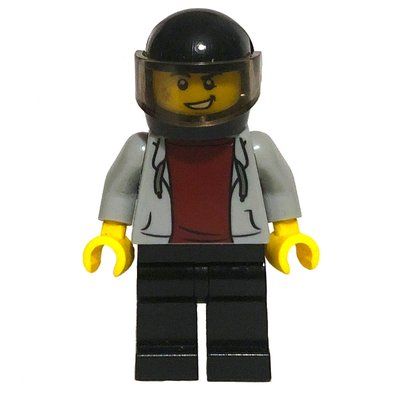 Figurine Man, Light Bluish Gray Hoodie over Dark Red Shirt, Black Legs, Black Helmet with Visor du set 60255