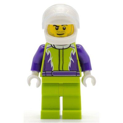 Minifigure Racer, Lime and Dark Purple Jumpsuit, White Helmet with Visor from set 60251