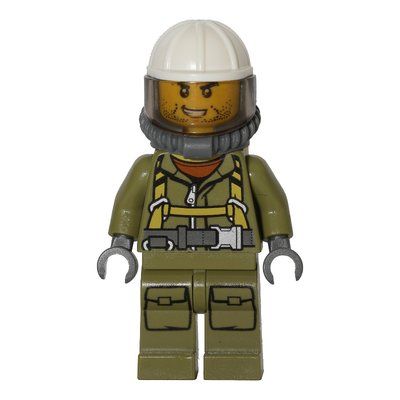 Figurine Volcano Explorer, Man, Olive Green Jumpsuit with Straps, White Hard Hat with Visor, Breathing Apparatus, Airtanks, Stubble du set 60123