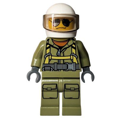Figurine Volcano Explorer, Man, Olive Green Jumpsuit with Straps, White Helmet with Visor, Sunglasses du set 60123