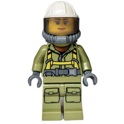 Figurine Volcano Explorer, Woman, Olive Green Jumpsuit with Straps, White Hard Hat with Visor, Breathing Apparatus, Airtanks du set 60124