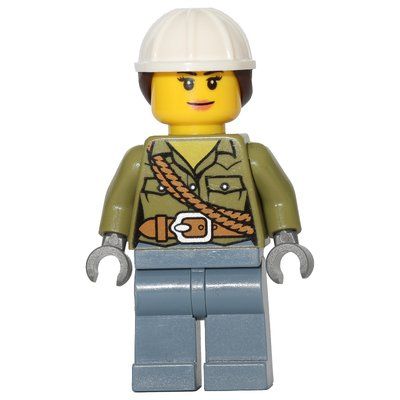 Figurine Volcano Explorer, Woman, Olive Green Shirt with Rope, White Hard Hat with Hair du set 60123