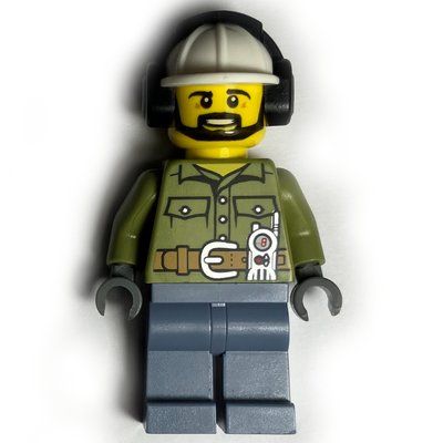 Minifigur Volcano Explorer, Man, Olive Green Shirt, White Hard Hat with Ear Defenders, Beard aus Set 60125