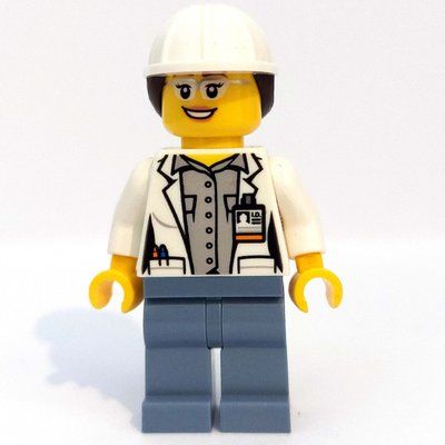 Figurine Volcano Explorer Scientist, Woman, Open White Lab Coat, Sand Blue Legs, White Hard Hat with Hair du set 60124