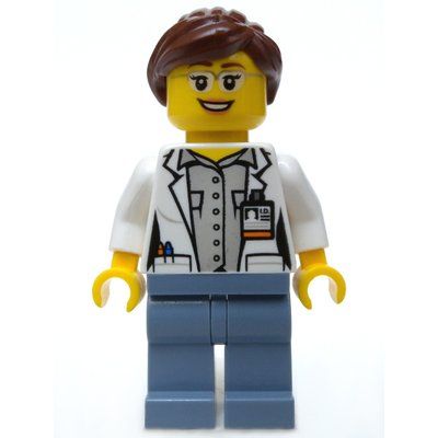 Minifigura Volcano Explorer Scientist, Woman, Open White Lab Coat, Sand Blue Legs, Reddish Brown Hair, Glasses del set 60120